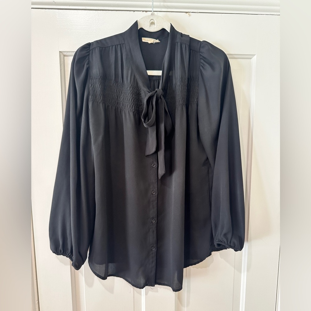 Pleione black work top long sleeve tie around neck button down